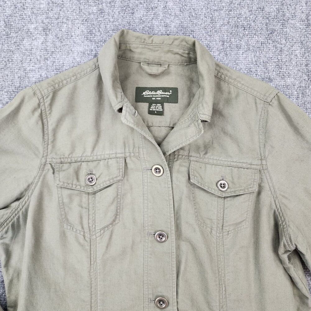 Eddie Bauer Jacket Women Large Green Linen Blend Metal Button Casual Safari Coat - Picture 8 of 16
